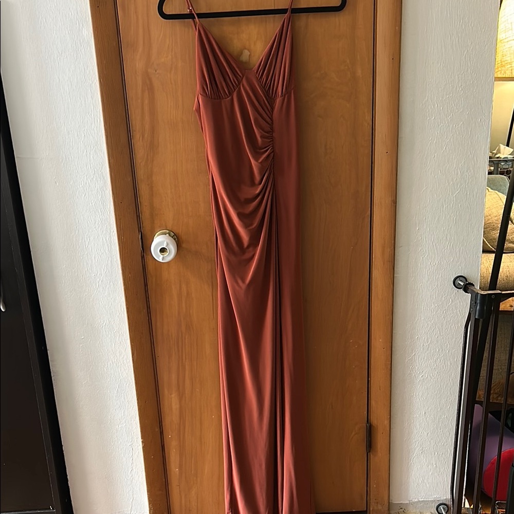 Orange Ruched Spaghetti Strap Maxi Gown